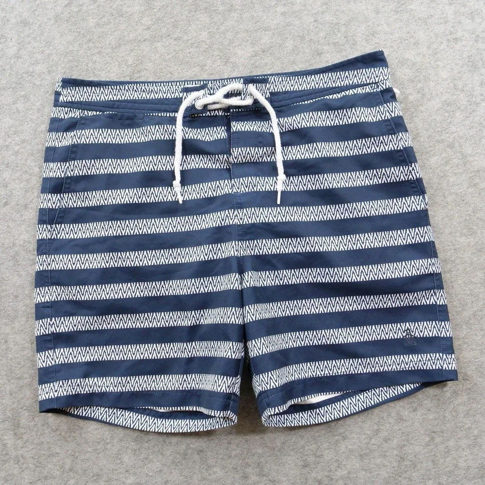Original Penguin Shorts  Mens Medium Blue White Swim Trunks Geometric Striped